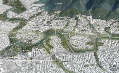An intervened digital map that shows what Monterrey would look like with the river rehabilitated.