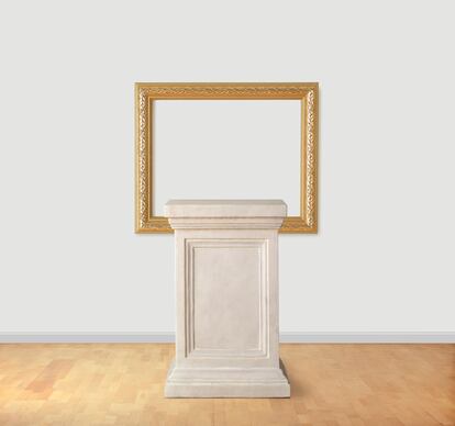 Un pedestal vacío frente a un marco en blanco en un museo. Agregue su propia obra de arte.