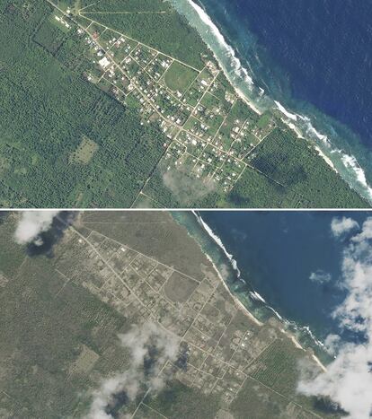 Niutoua, en Tongatapu (Tonga), el 9 de enero (arriba), y el 17 de enero, después de la erupción.