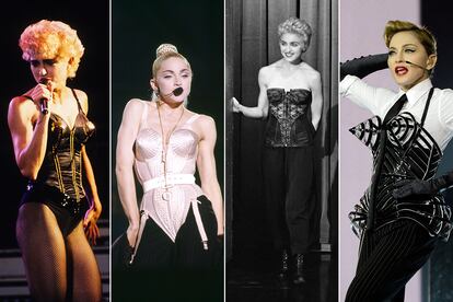 Sin duda, a lo largo de su carrera, Madonna ha sido la cantante que más corsés ha lucido. En distintos formatos: lenceros, historicistas, esculturales, circenses, futuristas o sadomasoquistas. De izquierda a derecha, la cantante en 1987 en Nueva York, con un corpiño-armadura rematado en pezoneras doradas; en 1990 en Tokio, con el icónico 'body' con conos diseñado para ella por Jean Paul Gaultier; en 1987 en el programa 'The Tonight Show Starring Johnny Carson' con un 'bustier' lencero y en 2012 en Londres durante una actuación de su 'MDNA Tour' celebrada en Hyde Park y para el que Jean Paul Gaultier diseñó este corsé futurista con pechos cónicos.