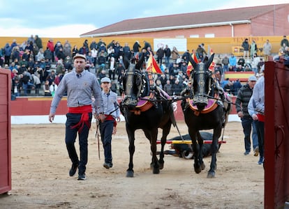 Las mulillas arrastran al último toro de la tarde.