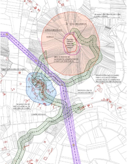 Márgenes de protección de los bienes patrimoniales de Angueira, del Castro Lupario y del Camino, con el trazado de la línea de alta tensión, en tono morado, que cruzará por el medio, en un plano del informe presentado por De Llano a la Xunta.