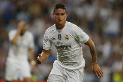 James celebra un gol con el Madrid.