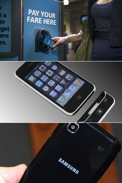 De arriba abajo, el pago por contacto en una máquina <i>vending;</i> el accesorio iCarte para los iPhone y el móvil Galaxy S II, que ya incorpora el chip NFC.