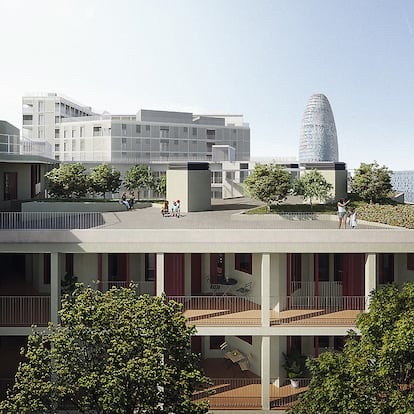 Illa Glòries, vivienda social sostenible, con la torre Agbar de fondo.