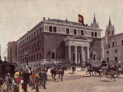 Dibujo de Juan Comba, publicado en 'La ilustración Española y Americana', sobre la inauguración de la actual sede de la RAE el 1 de abril de 1894.