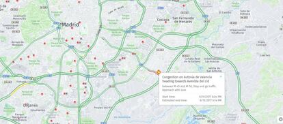 Tráfico en Madrid en la tarde del jueves 10 de agosto según Here Maps.
