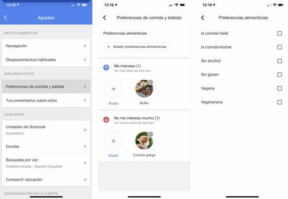 Configurar preferencias gastronómicas en Google Maps.