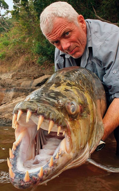 El naturalista Jeremy Wade con un pez tigre africano en un episodio de la serie Monstruos de río.