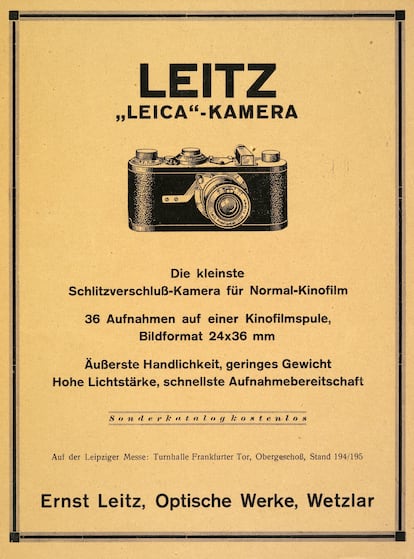 Primer anuncio de una cámara Leica, publicado en una revista de fotografía, en 1925. Imagen cedida por la organización.