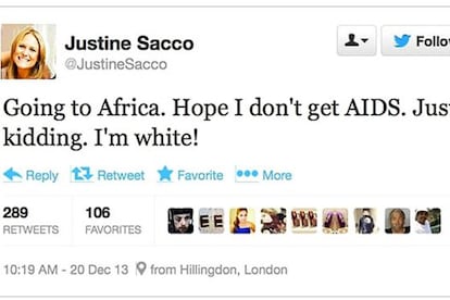 El tuit racista de Justine Sacco que provocó la polémica: “Voy a África. Espero no coger el sida. Es broma. Soy blanca”.