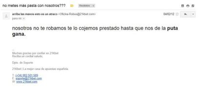 Correo enviado a un apostante que reclamó la devolución del dinero.