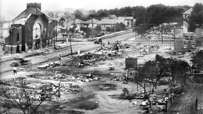 The Greenwood district, after being burned, in Tulsa, Oklahoma in 1921.