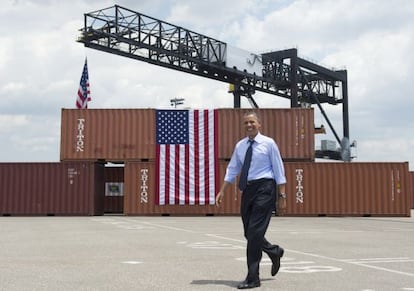 El presidente de EE UU, Barack Obama, en Tampa, &uacute;ltima escala antes de su llegada a Cartagena (Colombia).