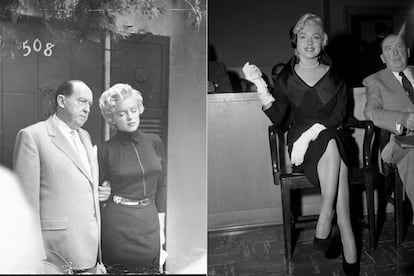 A la izquierda, Marilyn Monroe junto a su abogado Jerry Giesler a las puertas de su casa el día que anunció que se separaba de Joe DiMaggio ante docenas de periodistas. A la derecha, junto a su abogado en el juicio por el divorcio.