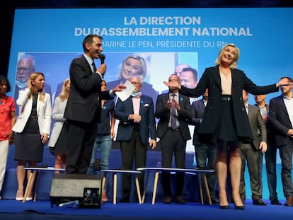 La ultraderechista Marine Le Pen durante el congreso de su partido, Reagrupamiento Nacional, este domingo en Perpiñán.