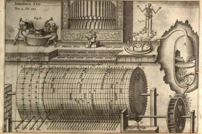 Órgano hidráulico con esqueleto danzante recogido en Musurgia Universalis (1650)