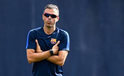 Luis Enrique, durant l'últim entrenament del Barça.