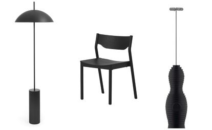 De izquierda a derecha, lámpara Laviani de la firma kartell; una silla de Tangerine, y una espumadora eléctrica de Alessi.