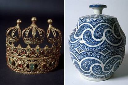 A la izquierda, corona de oro y piedras preciosas del siglo XIX; a la derecha, sopera de cerámica de finales del siglo XIX.