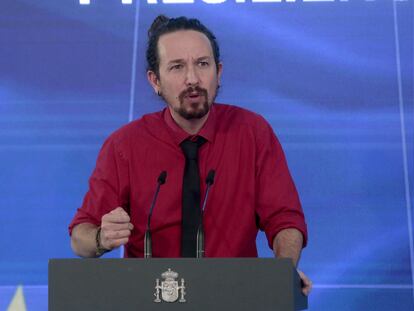 El vicepresidente segundo del Gobierno, Pablo Iglesias, en la presentación del Plan de Recuperación, Transformación y Resiliencia de la Economía Española", el miércoles.