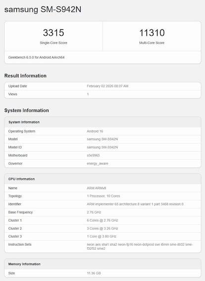 Datos del Samsung Galaxy S26 en Geekbench