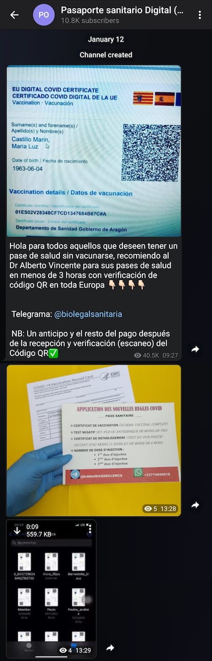 Uno de los canales de Telegram detectados por Check Point en los que se ofrecen certificados de vacunación Covid falsificados.