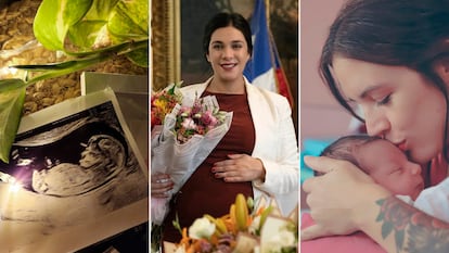 Desde la izquierda: el ultrasonido con el que Gabriel Boric anunció que será padre, Karol Cariola embarazada y Camila Vallejo junto a su bebé, en fotografías compartidas en sus cuentas de Instagram.