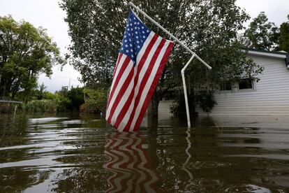 Una bandera americana ondeando sobre la inundación, en Sorrento, Luisiana (EE.UU).