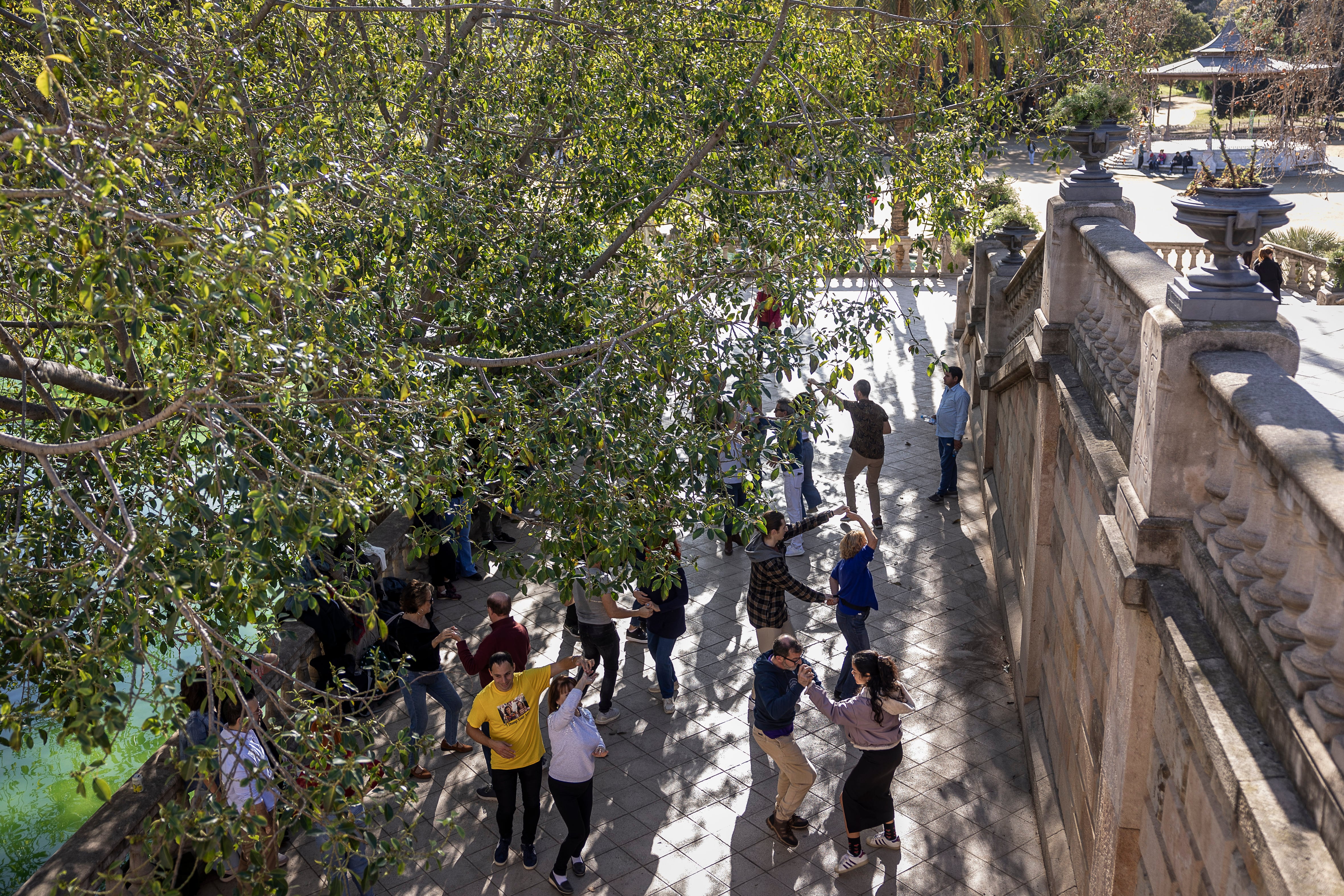 Encuentro de aficionados del baile durante un fin de semana junto a la cascada del parque de la Ciutadella donde se reúnen para bailar.

