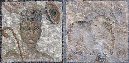 Imagen del mosaico de doble lectura antes y despues de los destrozos.