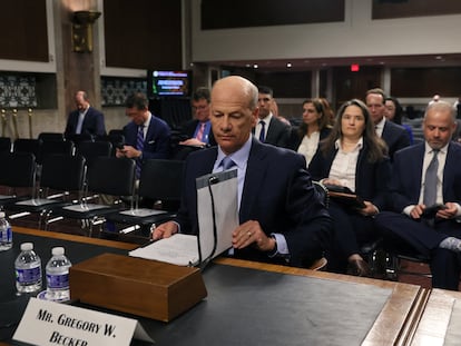 The former CEO of Silicon Valley Bank Gregory Becker testifies before the U.S. Senate Banking Committee in May 2023.