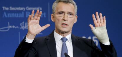 Jens Stoltenberg, durante su comparecencia ante la prensa en Bruselas.