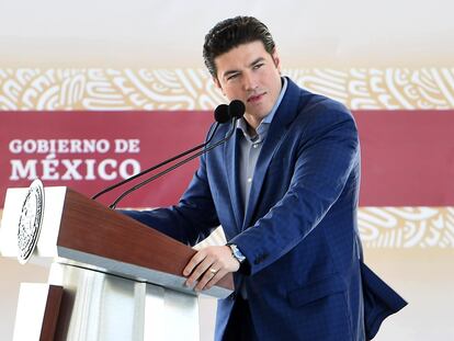 Samuel García habla durante la Inauguración del Acueducto “El Cuchillo II” en Juárez (Nuevo León), en diciembre de 2023.