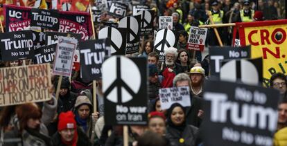 Manifestación contra la escalada bélica en Irán, este sábado en Londres.