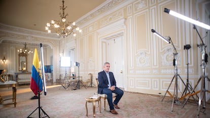 O presidente colombiano, Iván Duque, durante entrevista a EL PAÍS no Palácio de Nariño, em Bogotá, no domingo.