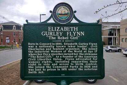 A historical marker dedicated to Elizabeth Gurley Flynn stands in Concord, New Hampshire, May 5, 2023.