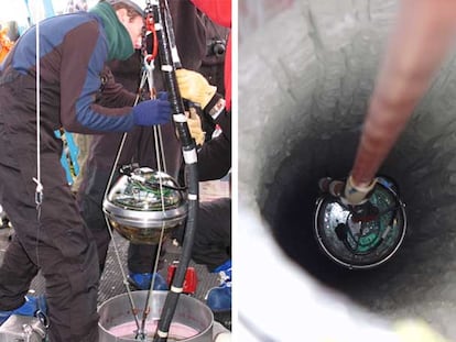 Uno de los detectores del observatorio de neutrinos IceCube, listo para bajarlo unido a otros a una de las perforaciones en el hielo del Polo Sur. Derecha, descenso de una línea de detectores por la perforación.