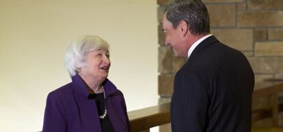 Janet Yellen y Mario Draghi durante el simposio de Jackson Hole del año pasado