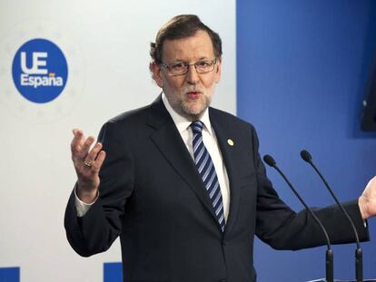 Mariano Rajoy, durante la rueda de prensa al t&eacute;rmino de la reuni&oacute;n de Bruselas de los l&iacute;deres de la Uni&oacute;n Europea (UE).