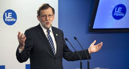 Mariano Rajoy, durante la rueda de prensa al t&eacute;rmino de la reuni&oacute;n de Bruselas de los l&iacute;deres de la Uni&oacute;n Europea (UE).