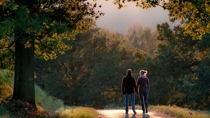 Una pareja caminando por el campo.