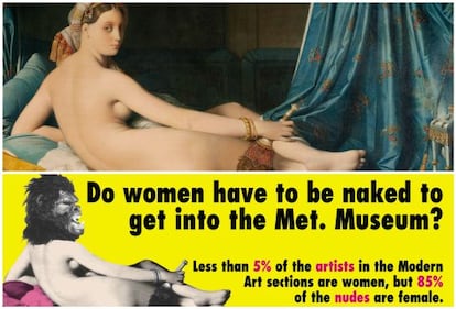 Arriba, 'La gran Odalisca' de Ingres; abajo, la imagen de las Guerrilla Girls.