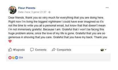 La artista belga Fleur Pierets agradece en su Facebook el apoyo recibido tras la noticia de la enfermedad de su esposa.