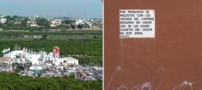 Vista panoráica del párking de la sala Nod (izquierda). A la derecha un cartel en un párking de la Ruta pide que no se haga uso del radio-cassete del coche.