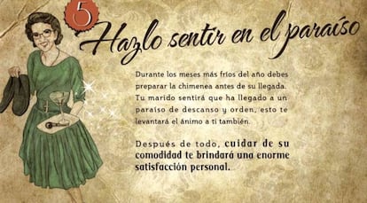 Consejo número 5 de la 'Guía de la Buena Esposa', escrita por Pilar Primo de Rivera y publicada en 1953.