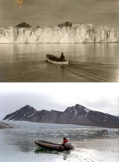 La reducción del glaciar Blomstrandbreen, en el Ártico, se aprecia en las fotografías de hace un siglo (izquierda) y de 2002.