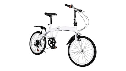 Bicicleta plegable sobre fondo blanco.