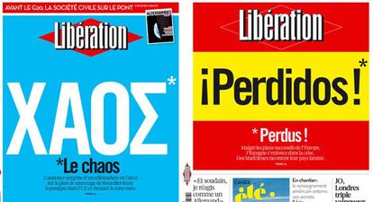 Portadas de 'Libration' de noviembre de 2011 sobre Grecia y de este jueves sobre Espa?a.