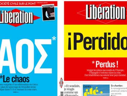 Portadas de 'Libération' de noviembre de 2011 sobre Grecia y de este jueves sobre España.